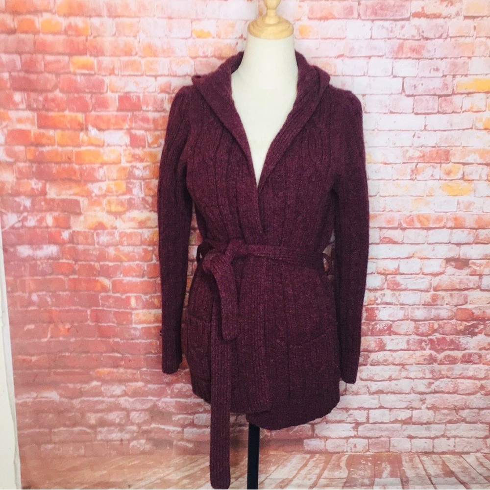 Abercrombie & Fitch Hooded Cable-Knit Belted Cardigan - Plum